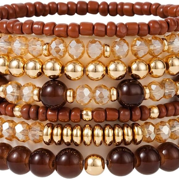 Handmade Boho Beaded Stretch Bracelets - Crystal & Gold Plated Set (7 Inches) - Picture 1 of 6